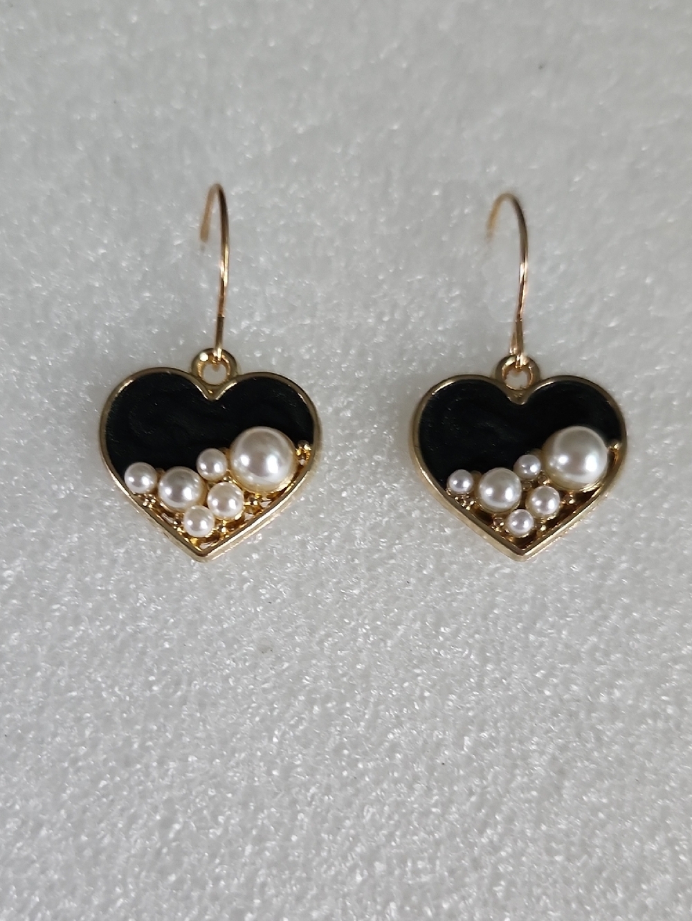 Hand Crafted Gold Heart Earrings with Black Enamel and Pearl Clusters